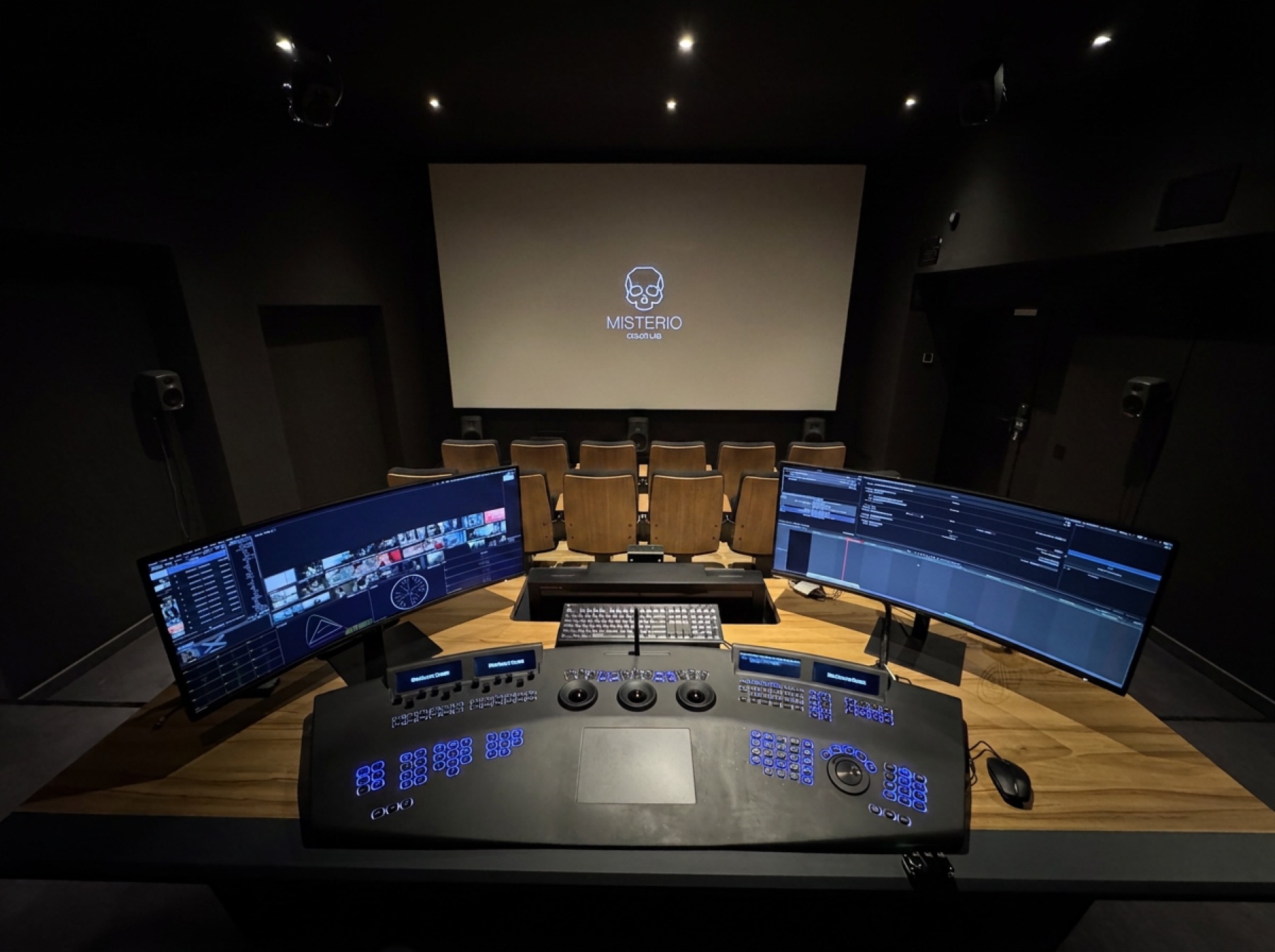 Baselight color grading console and cinema projection room